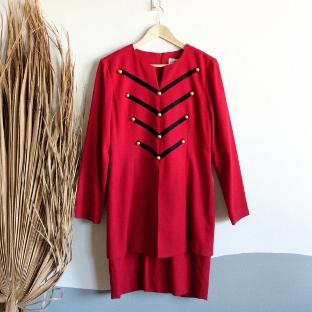 Vintage Military Style Button Dress Red and Gold